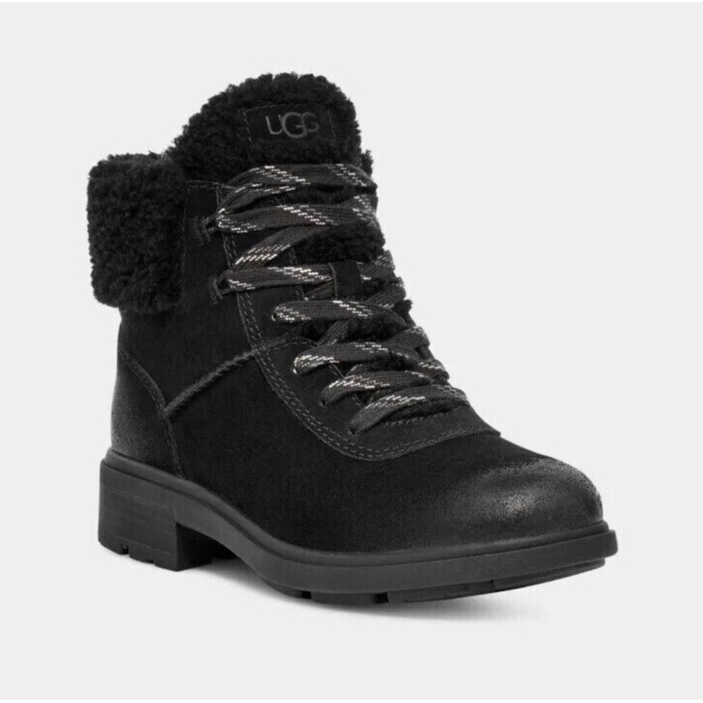 UGG Harrison Cozy Lace Up Boots Women 7.5 Black Waterproof Suede Shearling